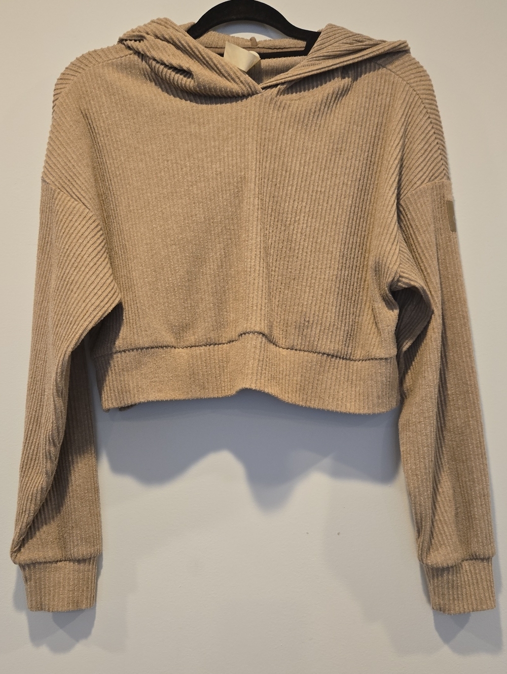 Alo Yoga Muse Cropped Hoodie Ribbed Knit Oatmeal Heather Size XS